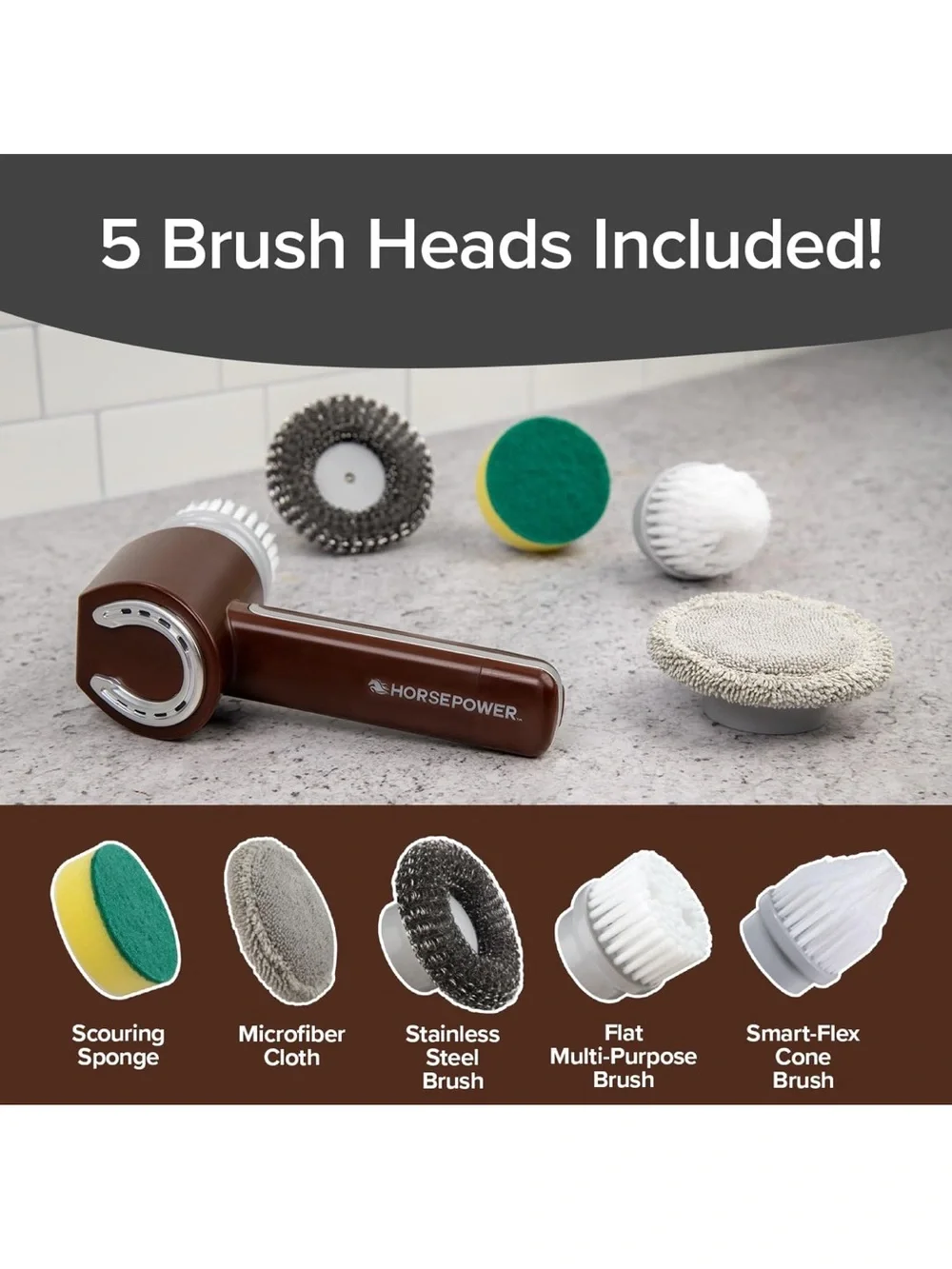 Horsepower Electric Power Scrubber, Waterproof, 350 RPM, 5 Brush Heads